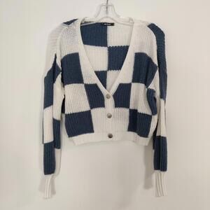 Ambar Checkered Cropped Cardigan Sweater Blue White Button Down V-Neck